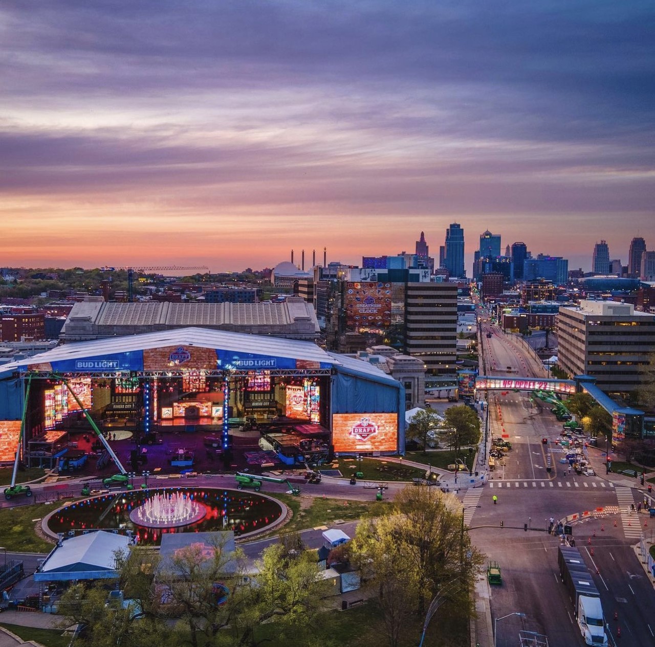 Kansas City skyline at dusk from the riverfront
